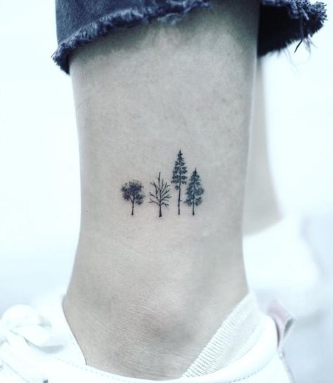 Tree Doodle Tattoo, Small Trees Tattoo, Birth Tree Tattoo, 3 Tree Tattoo, Four Trees Tattoo, Dainty Nature Tattoos For Women, Simple Forrest Tattoo, Two Leaves Tattoo, Back Of Arm Tree Tattoo