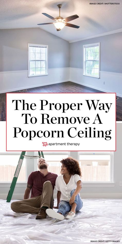 How to remove a popcorn ceiling, including step-by-step instructions. #popcornceiling #homerepairs #homerenovation #renovating #paintprojects #homeprojects #diyprojects How To Scrape Popcorn Ceilings Diy, How To Remove Popcorn Ceiling Diy, Diy Popcorn Ceiling Removal, Scraping Popcorn Ceilings Diy, How To Remove Popcorn Ceiling Easy, Remove Popcorn Ceiling Easy Diy, How To Remove Popcorn Ceiling, Removing Popcorn Ceiling Easy, Remove Popcorn Ceiling