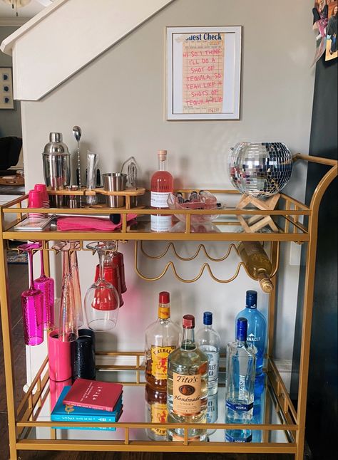 bar cart decor storefront linked!!

 #barcart #bar #discoball #disco #pink #roomdecor #decor #hotpink #discoera #maximalist #discoballdecor #retro #college #collegedecor #collegeapartment #preppy Shot Glasses On Bar Cart, Girly Home Bar, Bar Cart Eclectic, Bar Cart Inspo Vintage, Bar Cart Colorful, Disco Ball Bar Cart, Trendy Bar Cart, Bar Cart Inspo College, Disco Bar Cart