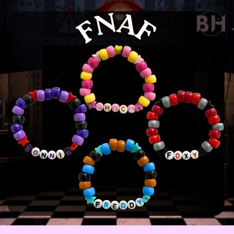 Bracelets for the fnaf lovers… the og animatronics! 4 Matching Bracelets, Fnaf Friendship Bracelet, Fnaf Bead Bracelets, Brainrot Bracelets, Kandi For Beginners, Cartoon Bracelet Ideas, Fnaf Kandi Bracelet, Kandi Bracelets Matching, Fnaf Craft Ideas