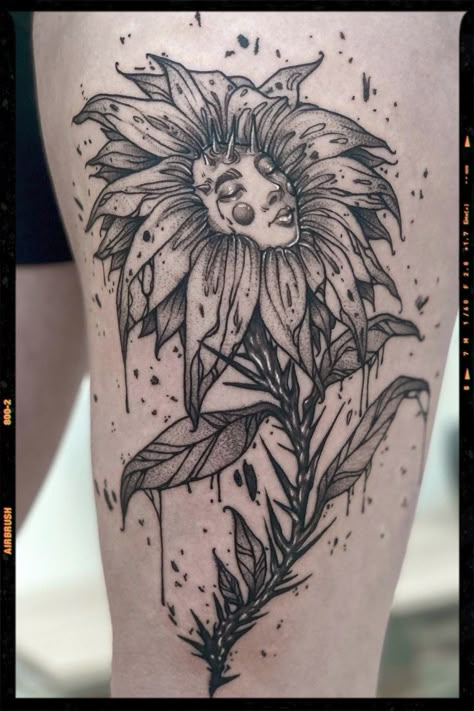 Sunflower Tattoo Inspiration Creepy Sunflower Tattoo, Sunflower With Eye Tattoo, Trippy Flowers Tattoo, Trippy Sunflower Tattoo, Sunflower Eye Tattoo, Goth Sunflower Tattoo, Sunflower Face Tattoo, Gothic Sunflower Tattoo, Dark Sunflower Tattoo