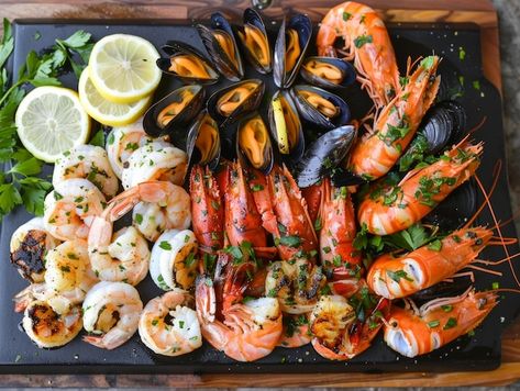 Sea Food Photography, Grilled Seafood Platter, Fresh Seafood Platter, Grilled Prawns, Menu Designs, Seafood Platter, Restaurant Menu Design, Event Food, Sea Food