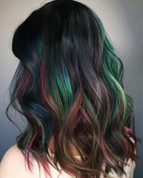 Inverted Hair Color, Fun Colors For Dark Hair, Mermaid Hair Highlights Brunettes, Christmas Hair Color Ideas For Brunettes, Fun Hair Colors For Brunettes, Oil Slick Hair Color Short, Jewel Tone Hair, Oil Slick Hair Color Brunettes, Aurora Borealis Hair