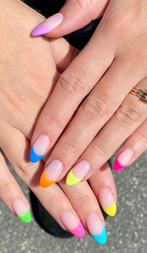 summer nail colors, nail designs, summer nails, nail art designs, summer nail ideas, french tip nails Nail Designs Colourful, Colourful French Tips, French Tips Summer, Color French Manicure, Cute Summer Nail Designs, Acrylic Nails At Home, Eyeshadow For Blue Eyes, Summer Nail Designs, Nail Art Designs Summer