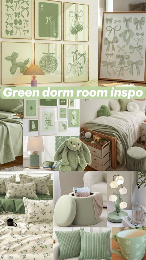 The cutest #green #dorm #decor ideas for #college and #university students especially last minute! Good luck yall, lmk what color to do next!!! #student #dormideas #wallart #color #theme Green College Dorm, Green Dorm Decor, University Room Decoration, Green Dorm Room, Green Room Ideas Bedroom, University Room, Dorm Decor Ideas, Uni Bedroom, Dorm Room Inspo