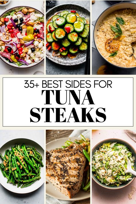 Wondering what to serve with tuna steaks for dinner? I've got you covered with this handy guide. Here's 35+ of the best sides, from salads, vegetables, grains and more! Ahi Tuna Pasta, What To Eat With Tuna Steaks, Seared Ahi Tuna Sides, Healthy Tuna Steak Dinner Recipes, What To Serve With Ahi Tuna Steaks, Ahi Tuna Sides, Sides For Seared Ahi Tuna, Seared Tuna Side Dishes, Fresh Tuna Recipes For Dinner