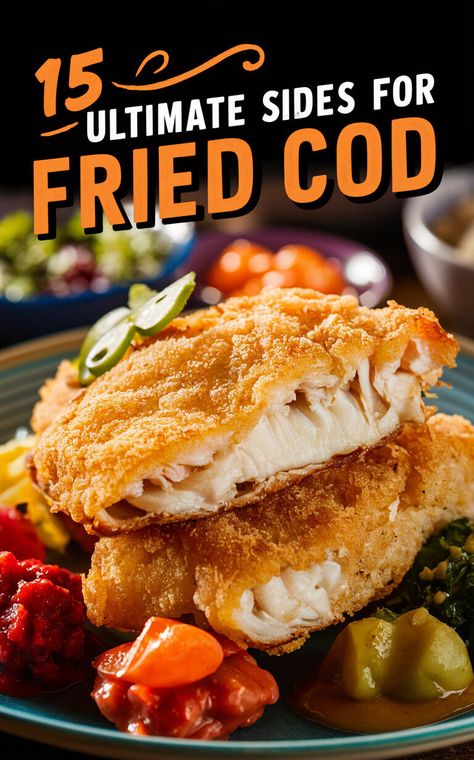 🐟🍟 Discover the perfect side dishes to serve with crispy fried cod! #seafoodlover #dinnerideas Fried Fish Sides Dishes, Cod Side Dishes, Fried Fish Dinner Ideas Sides, Fish Fry Side Dishes, Fish Fry Sides, Cod Dishes, Cod Cakes, Side Dishes For Fish, Battered Cod