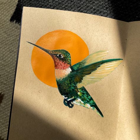 Painting of a hummingbird flying in a softcover journal Two Hummingbirds Drawing, Paint Hummingbird, Simple Hummingbird Painting, Humming Bird Painting Acrylics Easy, Hummingbird Painting Easy, Hummingbird Painting Acrylic Easy, Hummingbird Aesthetic, Humming Bird Painting Acrylics, Painted Birds