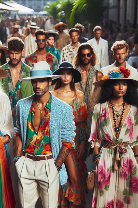 Fashion models wearing colorful, tropical-themed outfits and hats walk down a runway lined with palm trees. Fall Wedding Attire, Miami Nights, Tropical Outfit, Tropical Fashion, Jumpsuit Chic, Tropical Dress, Summer Soiree, Bold Patterns, Tropical Style