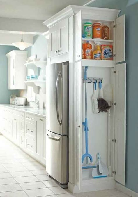 Add a cabinet to any dead space in your kitchen or laundry room for cleaning supplies. Slim Bathroom, Kitchens Ideas, Laundry Design, White Kitchens, Homemade Cleaning, Toilet Design, Kraf Diy, Farmhouse Sink, Cabinets Organization