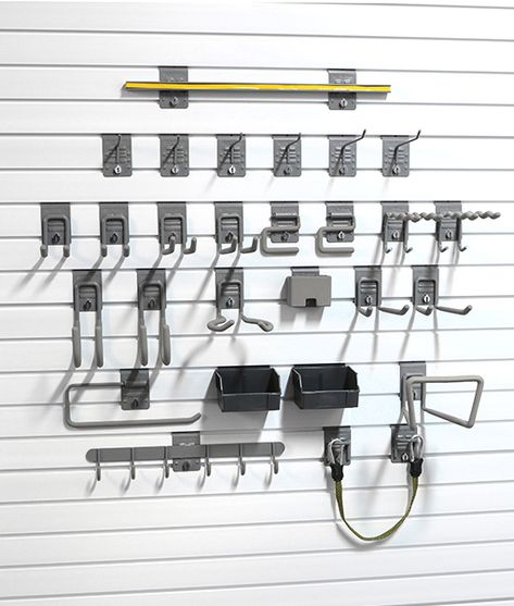 Slatwall Garage, Garage Organizing, Slatwall Accessories, Garage Hooks, Garage Organisation, Garage Tool Organization, Garage Storage Solutions, Pegboard Accessories, Garage Organize