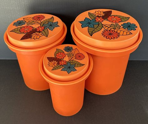 Vintage Kitchen Canisters Orange Flowers Hard Plastic Retro 70's Rubbermaid Vintage Kitchen Canisters, Cute Curtains, Plastic Canisters, 70s Decor, Super Sets, Groovy Retro, Lattice Pattern, Kitchen Canisters, Vintage Tupperware