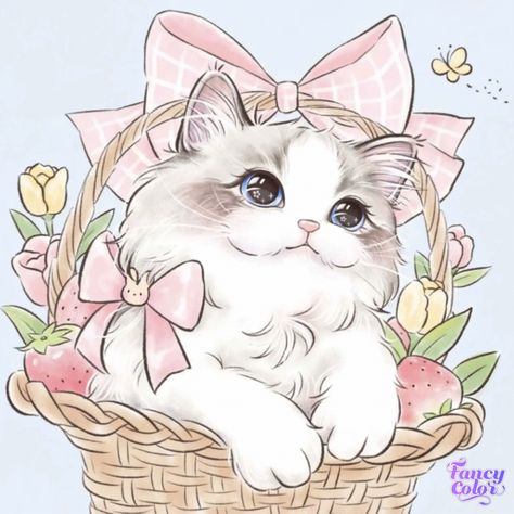 Cat In Basket, Drawing Of A Cat, Basket Drawing, Cute Drawing, Aesthetic Desktop Wallpaper, Cat Wallpaper, Cute Animal Drawings, Cat Painting, Happy Colors