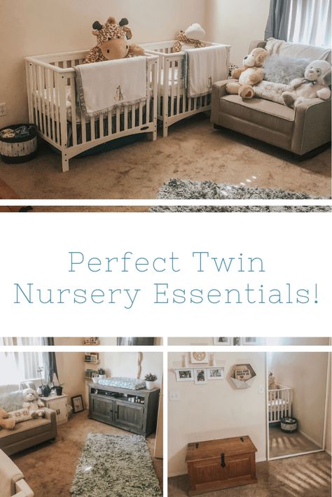 Twin Nursery Essentials Top 5 - Love. Lean. Life. Twin Nursery In Parents Room, Simple Twin Nursery, Twin Nursery Organization, Twin Nursery Layout Small Room, Small Twin Nursery Layout, Small Nursery For Twins, Small Twin Nursery Ideas, Twin Crib Ideas, Twin Nursery Boys