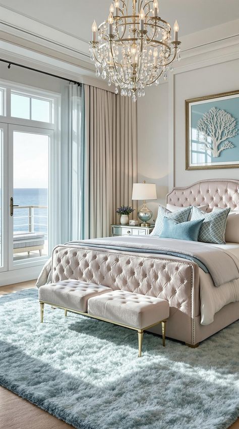 Coastal Master Bedroom Classy Beach Bedroom, Coastal Glam Bedroom, Coastal Glam Decor, Coastal Bedroom Design, Bedroom Accents, Coastal Glam, Velvet Bench, Glam Bedroom, Silver Strand