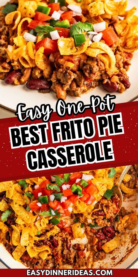 Our favorite frito pie recipe is a quick skillet dinner made easy in just one pot! Loaded with seasoned ground beef, hearty beans, lots of melty cheese and crunchy Fritos, the whole family will love this classic comfort food dinner. Frito Pie Casserole Easy, Frito Bowl Recipes, Easy Taco Dinner Recipes, Cheap Skillet Dinners, Summer Crockpot Recipes Ground Beef, Summer Dinner Ideas Ground Beef, Frito Recipes Easy Dinners, Summer Recipes With Ground Beef, Frito Casserole Beef