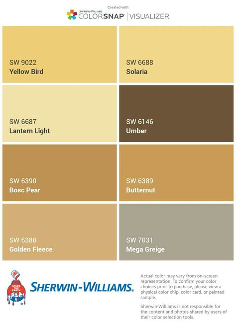 I just created this color palette with the Sherwin-Williams ColorSnap® Visualizer app on my Android phone. What do you think? You can learn more about ColorSnap Visualizer and get it on your phone free by visiting http://www.sherwin-williams.com/colorsnap. Granite colors Sherwin Williams Mustard Paint Colors, Sherwin Williams Butterscotch, Hubbard Squash Sherwin Williams, Mustard Yellow Paint Colors, Paint 2024, Cottage Paint Colors, Orange Paint Colors, Colorful Doors, 1920s Interior Design