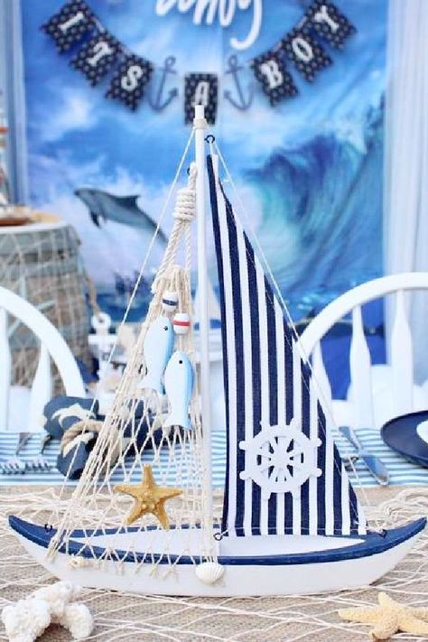 Check out this wonderful nautical baby shower! The party decorations are fantastic! See more party ideas and share yours at CatchMyParty.com Nautical Theme Centerpieces, Sailboat Baby Shower Theme, Chic Party Decor, Nautical Baby Shower Cake, Nautical Baby Shower Decorations, Baby Shower Party Planning, Baby Boy Shower Party, Baby Shower Party Ideas, Shower Party Ideas