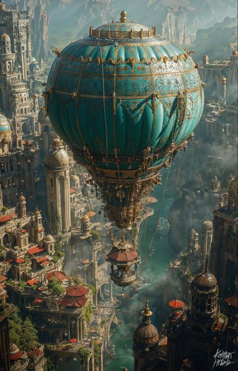 Steampunk Air Balloon, Hot Air Balloon Concept Art, Fantasy Festival Aesthetic, Fantasy Festival Art, Festival Concept Art, Hot Air Balloon Aesthetic, Fantasy Airship, Magical Writing, Steampunk Airships