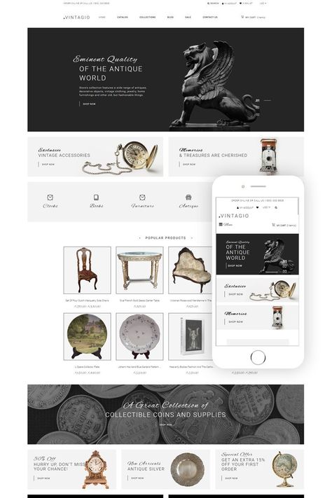 Vintagio - Antique Shop Clean Shopify Theme Antique Website Design, Dropshipping Marketing, Art Display Panels, Furniture Template, Furniture Business, Shopify Templates, Wall Mockup, Design Sketchbook, Ecommerce Template