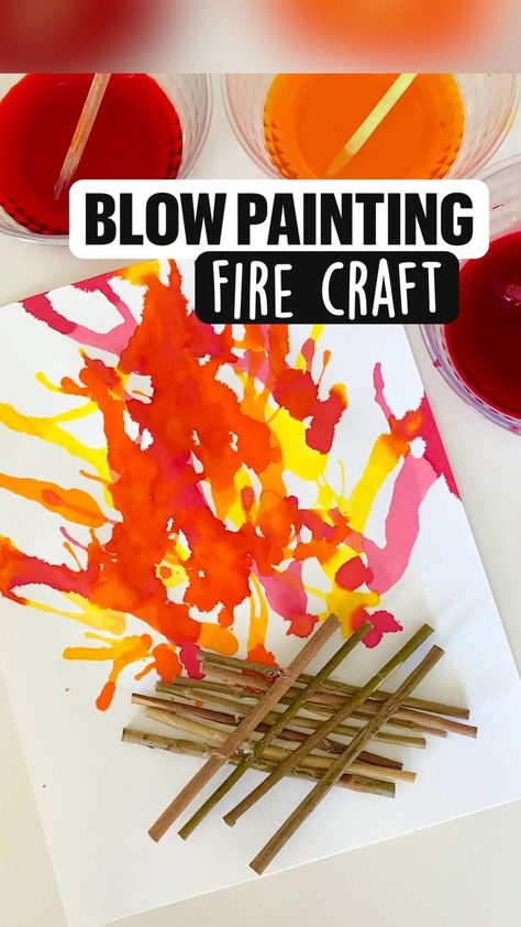 Blow painting | Camping crafts for kids, Preschool art, Preschool crafts Firemen Preschool Activities, Fall Handprint Towel, Adventure Theme Preschool Activities, Fire Activity For Preschool, Community Helper Ideas For Preschool, F Week Preschool, Elijah Calls Fire From Heaven Craft, Cabin Crafts For Kids, Community Helpers Crafts For School Age