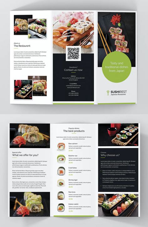 Sushi Restaurant Tri-Fold Brochure Template PSD Restaurant Trifold Brochure, Sushi Brochure, Food Brochure Design Creative, Restaurant Flyer Design Ideas, Food Brochure Design, Brochure Restaurant, Food Brochure, Menu Brochure, Restaurant Brochures