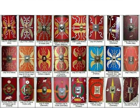 A variety of drawings and standards of Roman shields and legions. Part I Roman Shield, Roman Gladiators, Military Decorations, Roman Britain, Roman Warriors, Roman Legion, Ancient Armor, Roman Era, Ancient Warfare