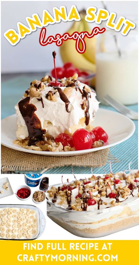 Banana Split Lasagna Dessert, No Bake Dessert Lasagna Recipe, Summer Time Desserts No Bake, Easy Summertime Desserts, Family Reunion Desserts Summer, Banana Lasagna Dessert, Banana Split Delight, Desert Lasagna, Dessert For Bbq