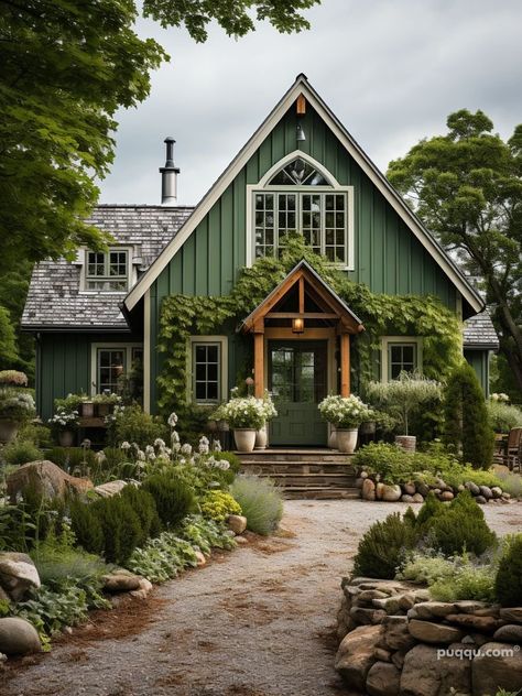 Elevate Your Home Style: Transformative Green Farmhouse Exterior Ideas - Puqqu Dark Green Exterior House With Natural Wood Elements, Craftsman Style Homes Exterior Color, Green Farmhouse Exterior, Cabin Colors, Farmhouse Exterior Ideas, Farmhouse Exteriors, Green House Exterior, Green Farmhouse, Witchy House