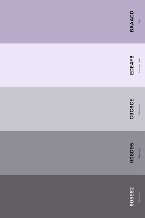 9. Lavender And Grey Color Palette Color Palette with Davy'S Gray (Hex #605E62) + Taupe Gray (Hex #908D95) + French Gray (Hex #C9C6CE) + Lavender (Web) (Hex #EDE4F8) + Lilac (Hex #BAAACD) Color Palette with Hex Codes Lavender Grey Color Palette, Lilac Grey Color Palette, Lavender Color Palette Hex Code, Lavender And Grey Color Palette, Lavender Purple Color Palette, Purple Grey Palette, Lilac Hex Code, Purple Gray Palette, Grey And Purple Color Palette