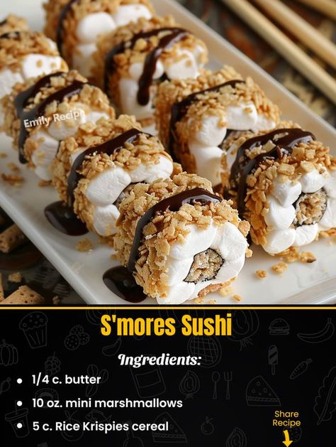 Emily Recipe Rice Krispies Cereal, Sushi Ingredients, Rice Krispie Cereal, Sushi Roll, Marshmallow Fluff, Baking Project, Mini Marshmallows, Sushi Rolls, Food Themes