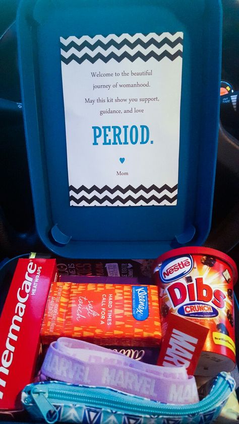 Tween/Teen First Period Survival Kit! ♡ Note reads: "Welcome to the beautiful journey of womanhood. May this kit bring you support, guidance, and love PERIOD." ♡ Inside kit ideas: Midol, Travel Advil, SuperHero Panties (bc women are superheros), mini cosmetic bag for her purse, kleenex, Pads, flushable wipes, Thermacare HeatPads, Hand Sanitizer,Hello Bar of Chocolate, and Dibs Ice Cream ♡ First Period Gift Ideas, Welcome To Womanhood, Period Survival Kit, Girl Survival Kits, Period Party, Period Box, First Period Kits, School Survival Kits, Period Kit