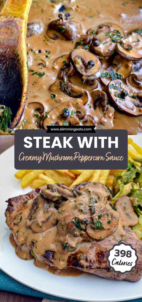 Low Calorie Recipes Steak, Steak With Peppercorn Cream Sauce, Steak With Mushroom Cream Sauce, Steak In Sauce, White Wine Sauce For Steak, Parsley Sauce For Steak, Mushroom And Meat Recipes, Black Pepper Steak Sauce, Steak With Creamy Mushroom Sauce