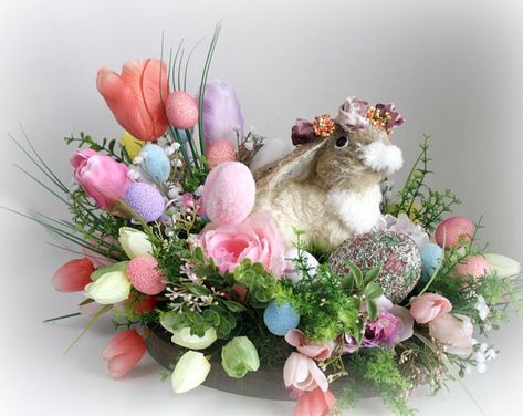 Designer front door wreaths for your home by TrendyFloralStudio Flocked Bunny Decor, Table Decor Easter, Oster Dekor, Easter Floral Arrangement, Easter Table Decor, Rustic Easter Decor, Rustic Easter, Easter Centerpiece, Easter Craft Decorations