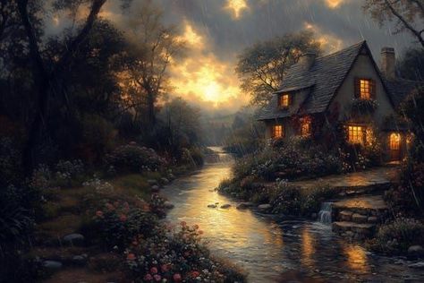 Enchanting Canvas Print of a Cozy Cottage Landscape Inspired by Thomas Kinkade Rainy Evening Home Decor by CustomCanvasCurators Step into the serene world of Thomas Kinkade with our captivating canvas artwork 🌿✨ Embrace the warmth and tranquility as you gaze upon the gentle rain-soaked setting, illuminated by the soft glow from the cottage windows. Perfect for adding a touch of nature and coziness to your home decor, this piece is a must-have for art lovers! Bring the charm of this enchanti... Cottage Landscape, Rainy Evening, Cottage Windows, Charming Cottage, Custom Canvas Prints, Thomas Kinkade, Golden Light, Golden Lights, Vibrant Flower