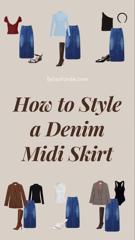 How To Pair Denim Skirt, Long Denim Skirt Outfit Classy, Denim Midi Skirt And Boots, Styling Long Denim Skirt Winter, Tops To Wear With Denim Skirts, Denim Skirt With Boots Outfit, Shoes To Wear With Jean Skirt, Long Denim Skirts For Women, Denim Skirt And Heels Outfit