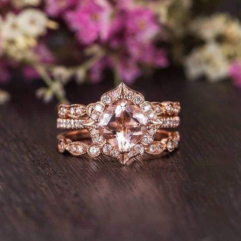 82 Unique Rose Gold Engagement Rings For Brides Who Want to Stand Out Gold Wedding Bands Women, Morganite Engagement Ring Set, Wedding Band Women, Rose Gold Morganite, Rose Gold Wedding Bands, Bridesmaid Jewelry Sets, Morganite Engagement, Dream Engagement Rings, Morganite Engagement Ring