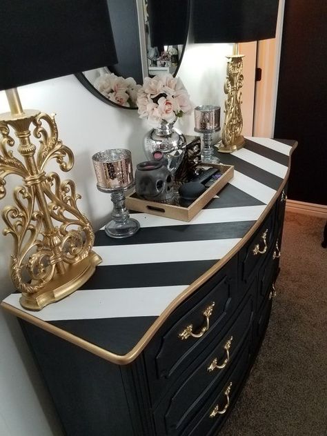 Black Cabinet With Gold Stencil, Black And White Dresser Diy, Black Dresser With Gold Hardware, Black And Gold Bedroom Furniture, Gold Dresser Diy, White And Gold Bedroom Furniture, White Dresser Diy, Black And Gold Dresser, Black White And Gold Bedroom