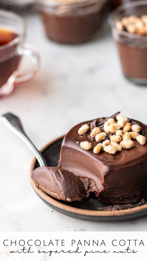 Try this recipe for a special Valentine's Day sweet! This chocolate panna cotta is one of the richest, smoothest forms of chocolate you can make! It’s thick, decadent and luscious– made with dark chocolate and milk chocolate for the perfect mix of silky texture and cacao flavor. Follow me on Pinterest for more recipes like this! Halloween Panna Cotta, Chocolate Panacota, Chocolate Panna Cotta Recipe, Chocolate Pannacotta, Panna Cotta Photography, Pana Cota Desserts, Coconut Milk Pudding, Chocolate Panna Cotta, Espresso And Cream