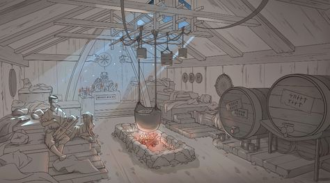 ArtStation - Viking Longhouse Interior Viking House Interior Concept Art, Viking House Design, Viking Home Interior, Longhouse Interior, Viking House Interiors, Viking Interior, Viking Illustration, Viking Games, Viking Ideas