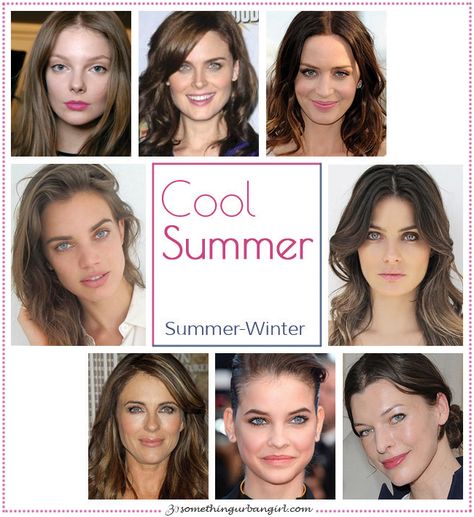 Cool Summer, Summer-Winter seasonal color celebrities by 30somethingurbangirl.com Summer Skin Tone, Cool Summer Palette, Cool Winter Color Palette, Soft Summer Color Palette, Soft Summer Colors, Color Rubio, Winter Color Palette, Winter Typ, Cold Summer