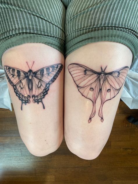 Moth And Plant Tattoo, Insects Tattoos, Moth Tattoo Placement, Tat Placement, Butterfly Leg Tattoos, Luna Moth Tattoo, Butterfly Thigh Tattoo, Tatuaje Cover Up, Earthy Tattoos