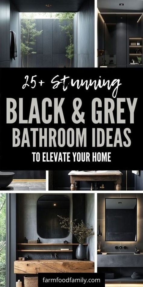 25+ Stunning Black and Grey Bathroom Ideas to Elevate Your Home 54 Grey Black Bathroom Ideas, Dark Gray And White Bathroom, Black Shower Tiles Ideas, Gray Black Bathroom Ideas, Bathroom Design For Men, Small Bathroom Black Ceiling, Black Grey Bathroom Ideas, Black Bathroom Color Schemes, Black Bathroom Walls Paint