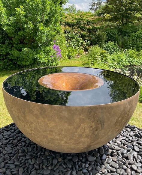 Fall Reference, Sphere Water Feature, Patio Water Feature, Contemporary Water Feature, Stone Water Features, Water Installation, Pondless Waterfall, Gray Interiors, Modern Water Feature