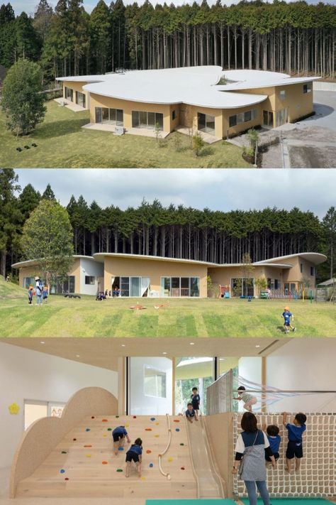 Children’s Forest Nursery School Forest Kindergarten, Preschool Designs, Forest Nursery, Nursery School, Forest School, Mount Fuji, A Hill, School Architecture, School Design