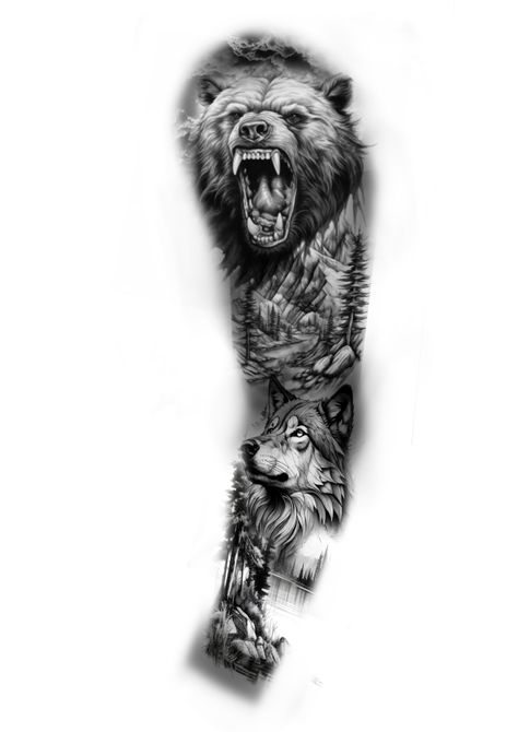 Wolves Tattoo Sleeve, Bear And Wolf Tattoo Ideas, Black And Grey Tattoo Stencil, Bear Wolf Tattoo, Bear Sleeve Tattoo Men, Full Sleeve Tattoos For Guys Ideas, Bear And Wolf Tattoo, Grizzly Bear Tattoos For Men, Animal Forearm Tattoo