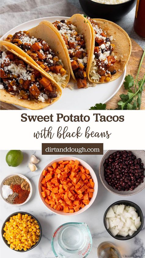 Get ready for a flavor-packed dinner with these sweet potato tacos! Roasted sweet potato chunks bring a natural sweetness, while the savory black bean filling adds protein and texture. Topped with zesty salsa and creamy avocado, these tacos are a delightful balance of flavors and a satisfying meatless option for Taco Tuesday or any day of the week. Healthy, hearty, and full of color – these sweet potato tacos are a must-try! Potato And Black Bean Tacos, Sweet Potato Chunks, Bean Nachos, Sweet Potato And Black Bean, Sweet Potato Recipes Roasted, Avocado Taco, Corn Taco, Sweet Potato Tacos, Black Bean Tacos