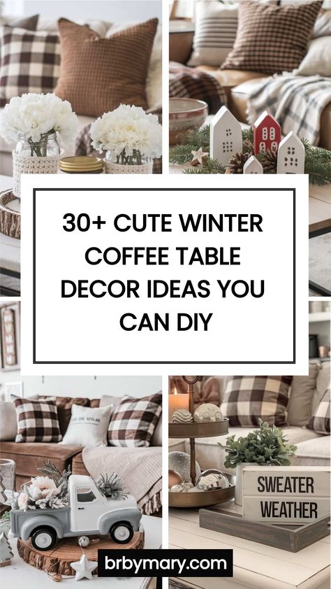 Are you looking to decorate your coffee table for winter? I’ve got you! Check out these 30+ Cute Winter Coffee Table Decor Ideas you can even DIY. Coffee tables aren’t always super easy to decorate. That’s because we use them everyday. Plus, even though you can decorate them with trays, that might end us up with trays everywhere! Coffee Table Decor Winter, Coffee Table Ideas For Christmas, Winter Tray Decor Ideas, Winter Coffee Table Decor Trays, Small Tray Decor Ideas, Simple Christmas Coffee Table Decor, Decorative Tray Ideas Living Room, Small Tray Decor, Coffee Table Xmas Decor