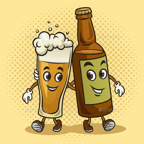 Beer Glass and Beer Bottle Pop Art Vector Retro Beer Logo, Beer Cartoon, Walking Cartoon, Pop Art Vector, Beer Illustration, Glass Of Beer, Retro Vector Illustration, Illustration Comic, Pop Art Retro