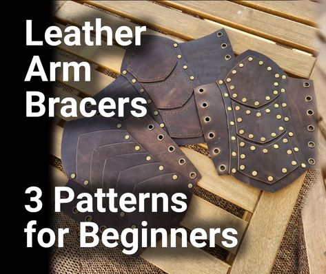 Leather patterns for beginners who are getting into cosplay or leatherwork. Leather Pauldron Pattern, Diy Leather Armor Pattern, Bracers Diy, Leather Bracers Pattern, Larp Leather Armor, D&d Leather Armor, Leather Cosplay, Leather Bracers, Arm Guard